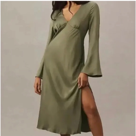 BHLDN Dresses & Skirts - BHLDN Olive Green Midi Dress with V-Neck and Side Slit